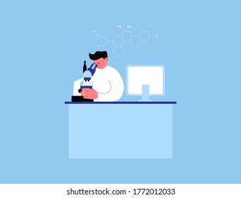 Young scientist looking through a microscope in a laboratory. Young scientist doing some research. Science laboratory concept vector illustration