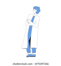 Young scientist. Male character wearing in medical uniform standing and thinking isolated on a white background. Researcher. Intern or student. Vectorillustration. 