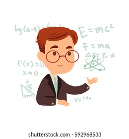 Young scientist physicist shows the formula