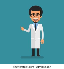 Young scientist pointing finger at. Flat people. Vector Illustration
