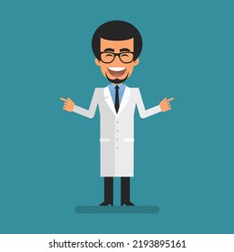 Young scientist pointing two fingers at and laughs. Flat people. Vector Illustration