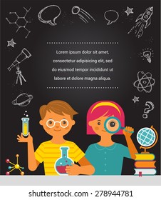 Young scientist. Research, Bio Technology, Chemical laboratory and education illustration