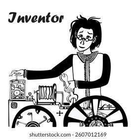 Young scientist researcher testing new invented machine, cartoon character, black and white vector illustration isolated on white