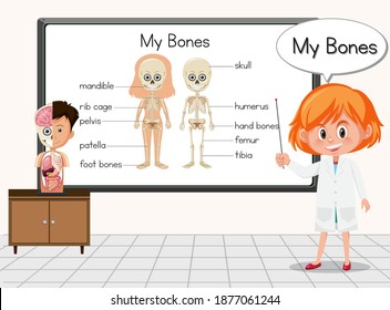 Científico joven parado frente a una junta en ilustración de laboratorio