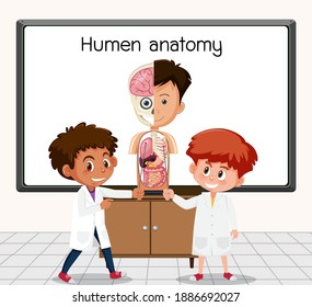 Científico joven parado frente a una junta en ilustración de laboratorio