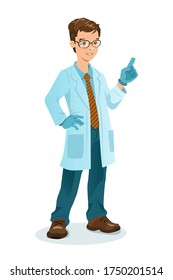The young scientist stands and points up