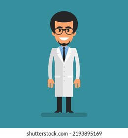 Young scientist stands and smiles. Flat people. Vector Illustration