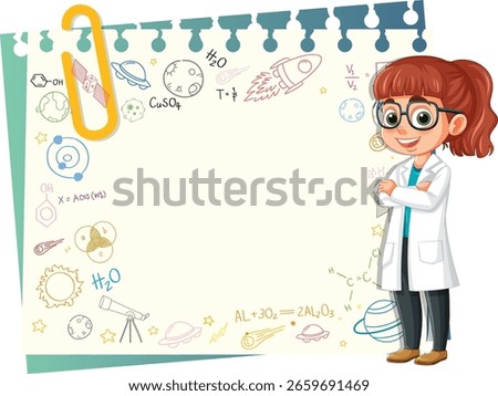 Young scientist surrounded by colorful science symbols