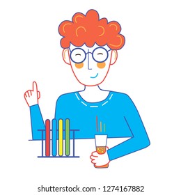 Young scientist with test tubes. Conducts experiments. Vector illustration.