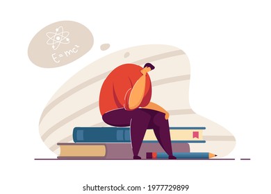 .Young scientist thinking over formula. Man trying to solve mathematical task. Looking for solution. Science, knowledge concept for banner, website design or landing web page.
