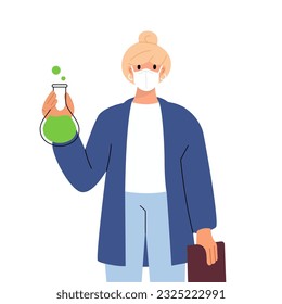 Young scientist woman holding lab glassware. Science laboratory research and development. Laboratory glass equipment. Scientific research concept.