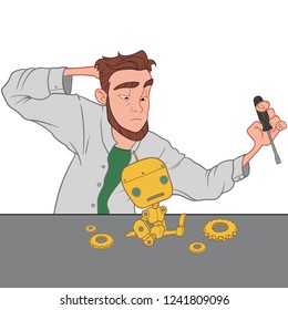 Young scientist working on cute little robot