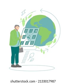 The young scientist working on futuristic projects. Modern laboratory. Saving earth, ecological problems. Ecology, global warming, clean planet concept. Vector illustration on a white background