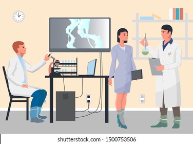Young scientists, a woman and two men, discuss current work and future experiments. Interior of a modern laboratory. Work on biology and chemistry. Vector illustration.