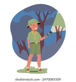 Young Scout Boy Dressed In Traditional Scouting Uniform, Exploring A Dense Forest Using A Flashlight At Dusk. Concept of Spirit Of Adventure And Learning, Outdoor Activities And Childhood Development