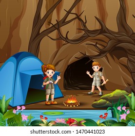 Young scout boy and girl in the camping zone scene