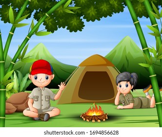 Young scout in the camping zone scene
