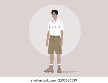 A young scout wearing a summer uniform stands confidently in front of a neutral background, ready for adventure in the great outdoors