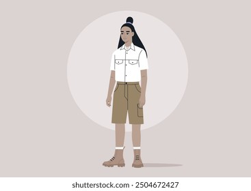 A young scout wearing a summer uniform stands confidently in front of a neutral background, ready for adventure in the great outdoors