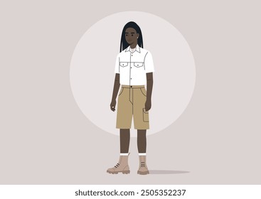 A young scout wearing a summer uniform stands confidently in front of a neutral background, ready for adventure in the great outdoors