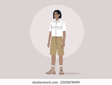 A young scout wearing a summer uniform stands confidently in front of a neutral background, ready for adventure in the great outdoors