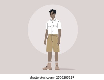 A young scout wearing a summer uniform stands confidently in front of a neutral background, ready for adventure in the great outdoors