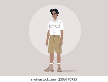 A young scout wearing a summer uniform stands confidently in front of a neutral background, ready for adventure in the great outdoors