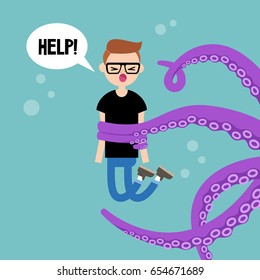 Young screaming character attacked by octopus / flat editable vector illustration, clip art