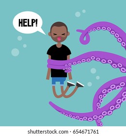 Young screaming character attacked by octopus / flat editable vector illustration, clip art