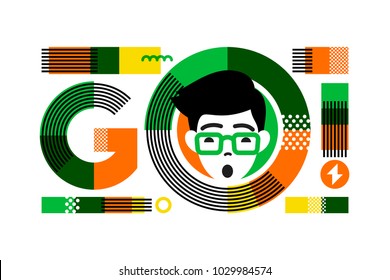 Young screaming male character in frame of lettering slogan GO. Modern flat style concept for motivation and activity