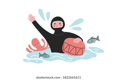 Young scuba diver splashes in the water with fish and octopus. Flat cartoon vector illustration