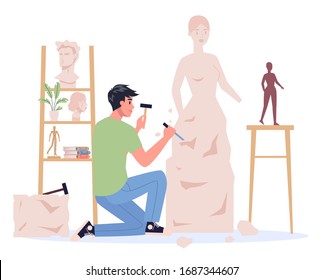 Young sculptor working. Creating sculpture of the marble. Creative artist. Art and hobby. Isolated vector illustration in flat style