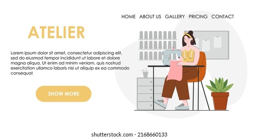Junge Seemannsfrau Muster und Fäden. Modedesigner, Schminkmacher, Seemann, Nähwerkstatt oder Kurse, maßgeschneidertes Konzept. Vektorgrafik für Banner, Werbung, Website.