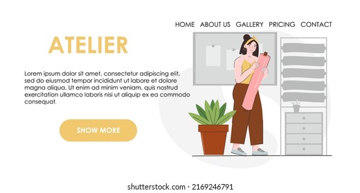 Young seamstress woman Patterns and threads. Fashion designer, dressmaker, seamstress, sewing workshop or courses, tailoring concept. Vector illustration for banner, advertising, website.
