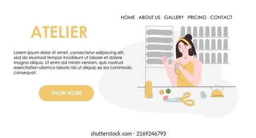 Young seamstress woman Patterns and threads. Fashion designer, dressmaker, seamstress, sewing workshop or courses, tailoring concept. Vector illustration for banner, advertising, website.