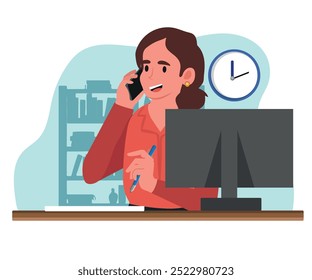 Jovem secretária atendendo a chamada. Especialista profissional falando ao telefone sentado na frente da mesa do monitor do computador. Fluxo de trabalho do Office Conversa com cliente, parceiro. Ilustração vetorial.