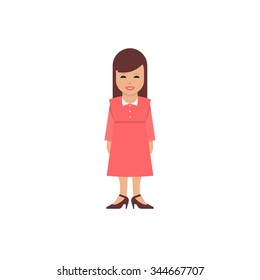 Young secretary or business woman flat design vector illustration in white shirt and dark grey skirt with brown hair on a white background