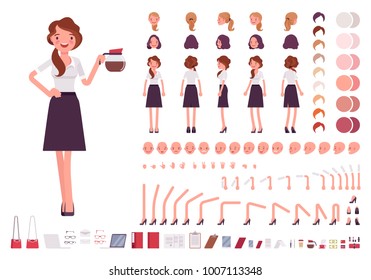 Young secretary character creation set. Lady works in office with correspondence. Full length, different views, emotions, gestures. Build your own design. Cartoon flat style infographic illustration Young secretary character creation set. Lady works in office with correspondence. Full length, different views, emotions, gestures. Build your own design. Cartoon flat style infographic illustration