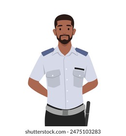 Young security guard. Police officer in uniform standing in front view. Flat vector illustration isolated on white background