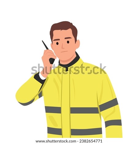 Young Security Guard Using Walkie talkie Radio wearing yellow raincoat. Flat vector illustration isolated on white background