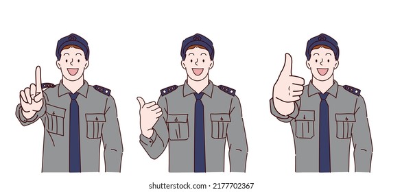 Young security man show thumbs up. Hand drawn in thin line style, vector illustrations.