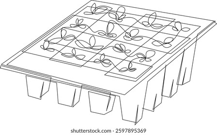Young seedlings growing in plastic pots, containers one line art. Seedling ready to be planted in ground from garden tray. Vector illustration.