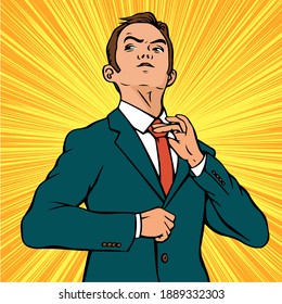 Young self confident businessman. A man in a business suit and tie. Vector pop art retro illustration.