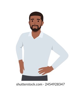 Junger, selbstbewusster Typ, ein Mann steht in einer heldenhaften Pose. Flache Vektorillustration isoliert auf weißem Hintergrund