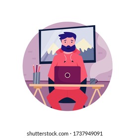 Joven hipster trabajador por cuenta propia trabajando a distancia desde casa. Ilustración vectorial. Concepto de oficina en el hogar