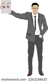A young, self-confident businessman in a suit, glasses, holds one hand in his pocket, and raised the other up with a graph of income growth..
