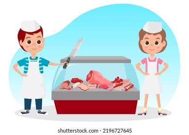 Young sellers and meat products.Meat products in the refrigerator .Vector illustration.