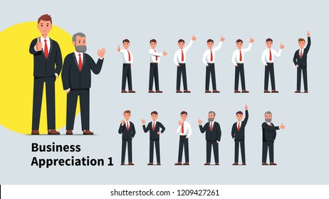 Young & senior business men showing thumb up gesture and OK sign set. Successful business people characters standing gesturing businessman showing positive feedback. Flat isolated vector illustration