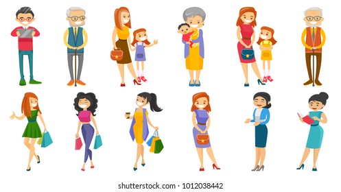 Young and senior caucasian white people set. Grandmother holding grandson, woman holding shopping bags, businessman using tablet. Set of vector cartoon illustrations isolated on white background.