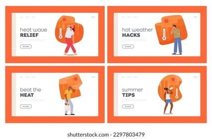 Young and Senior Characters Experience Discomfort Due To Heat Landing Page Template Set. People Sweating, Dehydration, Fatigue, Sunburn, Heat Exhaustion And Heatstroke. Cartoon Vector Illustration